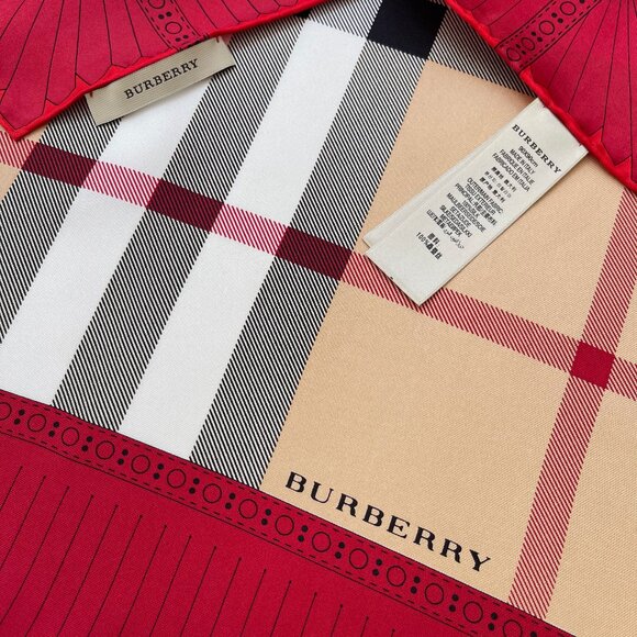 New Burberry Scarf Logo Iconic Beige Check Red Border Silk Wrap - Picture 7 of 15